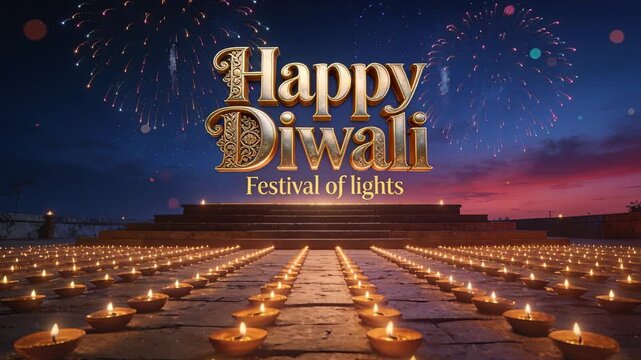 Glowing Happy Diwali title and rows of diyas leading on terrace, dusk sparking fireworks bursting