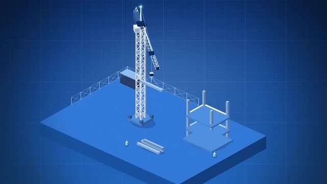 Isometric tower crane building a steel frame on blueprint blue