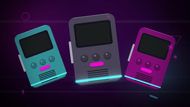 Retro pagers vibrating with neon rings on dark purple seamless loop