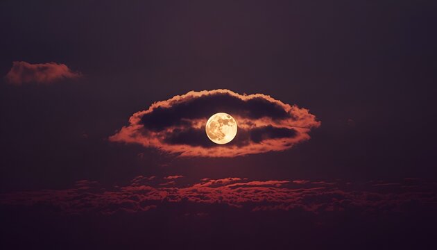 A bright full moon glows centrally inside a distinct eye-shaped cloud formation with vivid reddish edges, suspended in a dark purple night sky above a dense lower layer of scattered horizon clouds