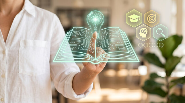 Person interacting with digital education and learning interface