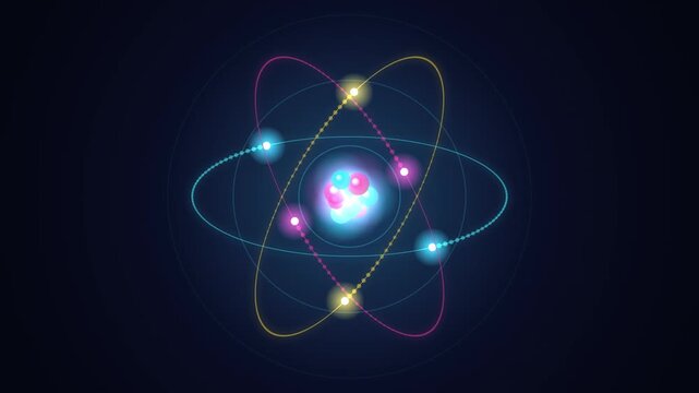 Glowing atom model rotating with electrons on dark background