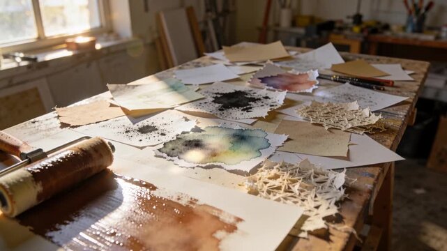 Gliding camera revealing sunlit wooden workbench, documenting roller, wet blotch, stencils drying