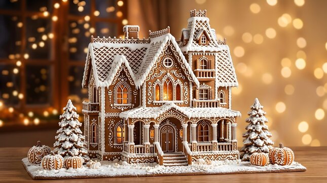 Intricate gingerbread house with snowy roof and pumpkins on a wooden table with blurred festive bokeh lights in the background