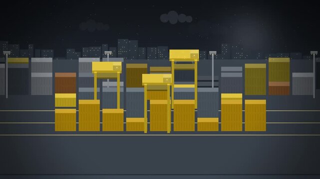 Yellow straddle carriers stacking containers in a yard seamless loop