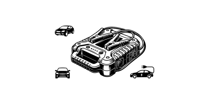 Portable car jump starter with cables and clamps next to a classic car and an electric vehicle for automotive power needs.