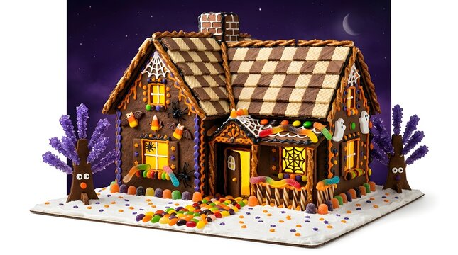 Spooky halloween gingerbread house with candy decorations