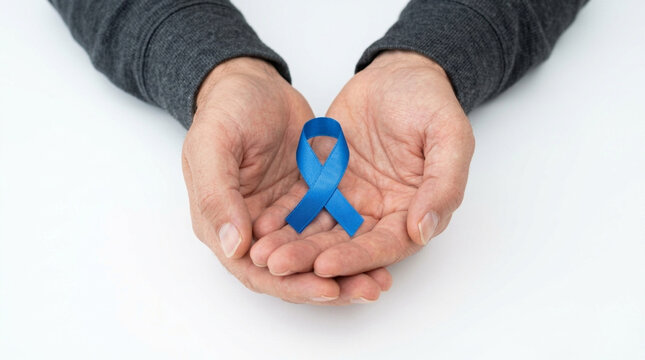 Hands holding blue ribbon symbol of awareness support hope for mens health and prostate cancer