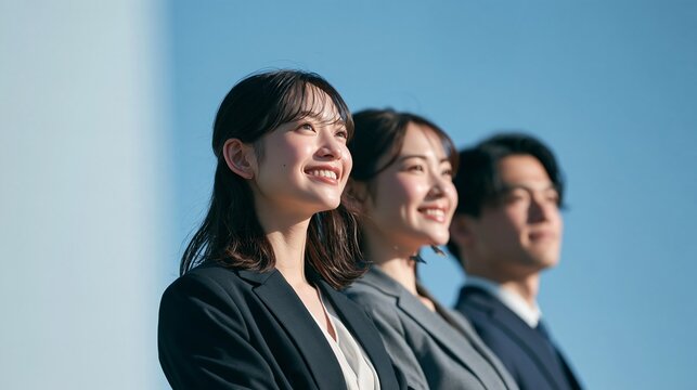 青空を背景にスーツ姿の女性二人と男性が並んで前方を見つめる姿。企業の採用サイトやチームの連携を伝えるWeb広告向け人物素材