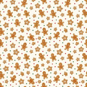 Gingerbread men and iced star cookies Christmas seamless pattern