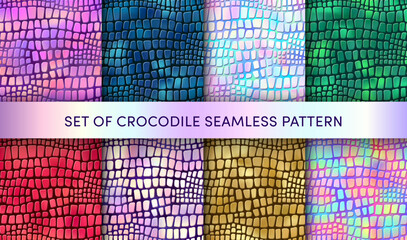 Fototapeta premium Vector crocodile skin seamless patterns set. Colorful glossy reptile leather texture with metallic, iridescent, holographic effect. Exotic animal print collection for fashion, fabric, wallpaper, decor