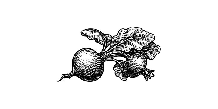 Retro woodcut style hand drawn radish illustration featuring detailed root vegetables with textured leaves and roots.