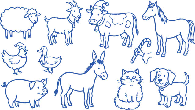 Hand drawn doddle Farm animal collection with christmas hats a blue vector illustration