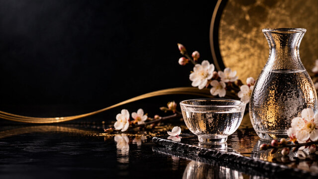 桜を添えた黒いテーブルに置かれた日本酒と酒器