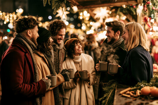 Friends Drinking Mulled Wine at Snowy Christmas Market