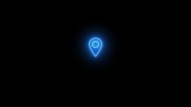 A bright blue neon glowing location pin with a subtle light aura centered on a completely black background, representing digital navigation and online mapping services