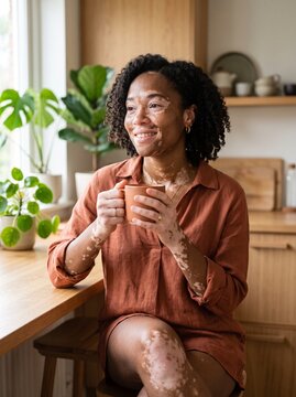 Happy black woman with vitiligo drinking coffee in a bright morning kitchen bathed in warm sunlight for self love, body positivity, and mindful wellness lifestyle concept