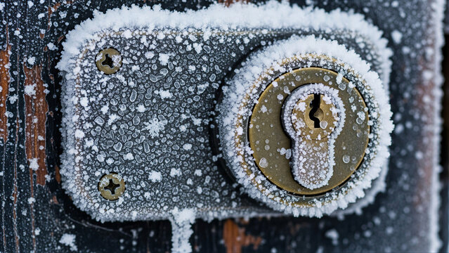 A frozen door lock covered in thick winter frost and delicate ice crystals on an exterior entrance in crisp cold morning light for a harsh weather problem concept