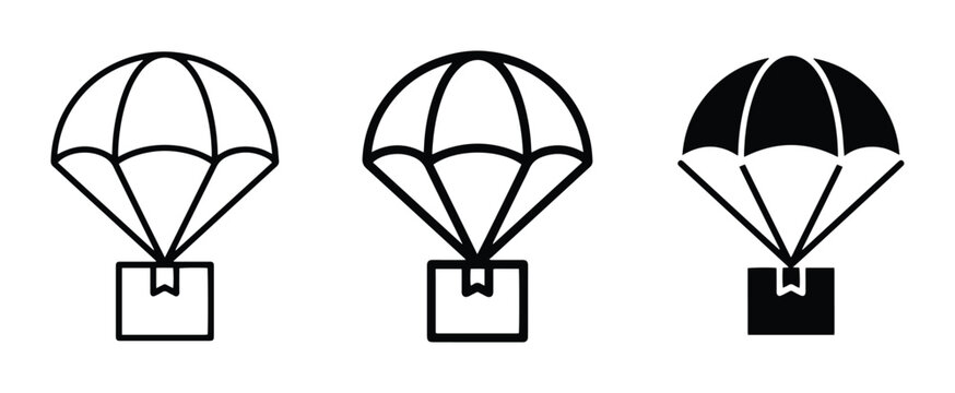 Parachute delivery icons set with boxes falling, air cargo and shipping