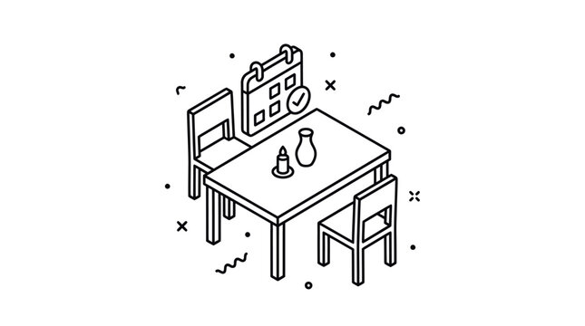 Elegant Isometric of Minimalist Study Table with Calendar Stationery and Chairs in Monochrome with high quality professional line art symbols for modern creative design and digital branding projects