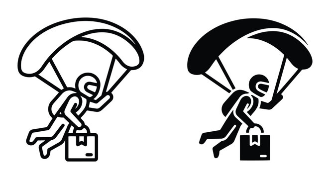 Paraglider delivery service icons with person and package, transport and logistics