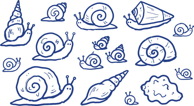 Collection of blue line art sea snail doodles on a white background