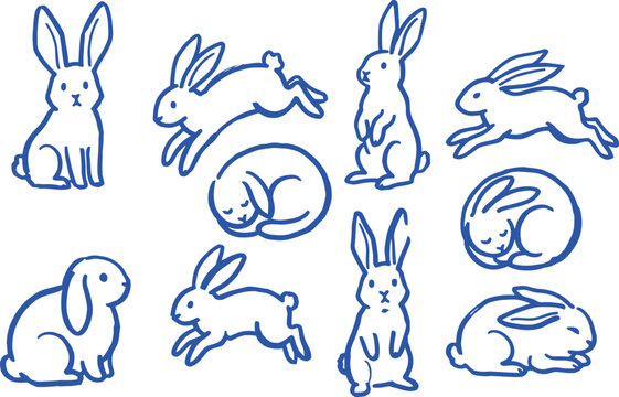 Hand drawn doddle Blue line art rabbits depict various poses against a white background
