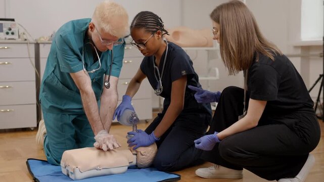 Medical students practicing CPR and resuscitation on a dummy