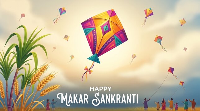 Colorful Paper Kites and Manjha Reel on Terrace for Makar Sankranti Festival Concept
