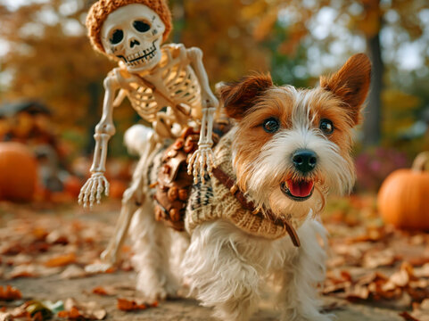 Happy Dog Wearing Spooky Skeleton Costume for Halloween.  Selective focus.