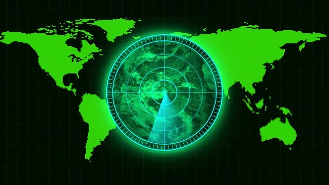 World map animation displays a radar scope over an Earth globe on dark. Surveillance tracking data coordinates guide world map. Monitoring consoles operate with map.