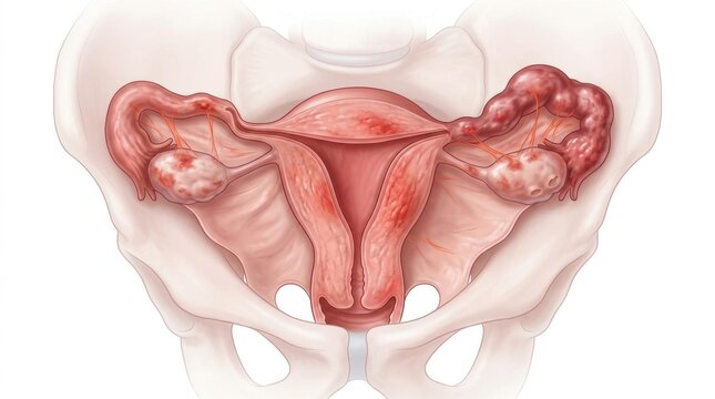 Medical illustration of female reproductive system showing endometriosis and pelvic inflammation