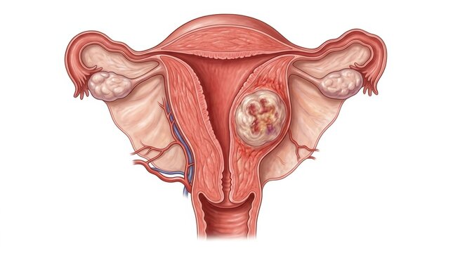 Medical illustration of a human uterus showing a fibroid tumor inside the uterine cavity wall