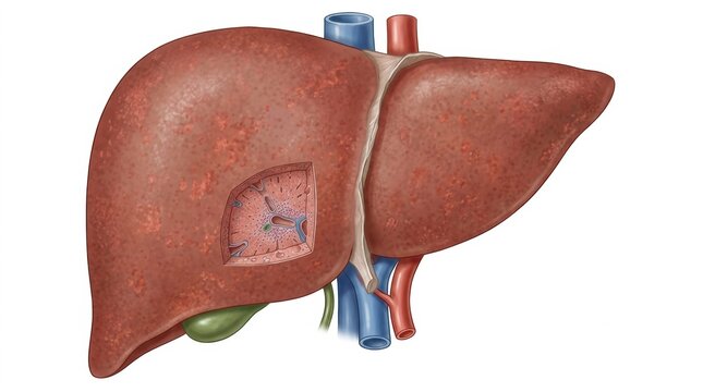 Detailed medical illustration of the human liver showing internal lobule structure and vessels