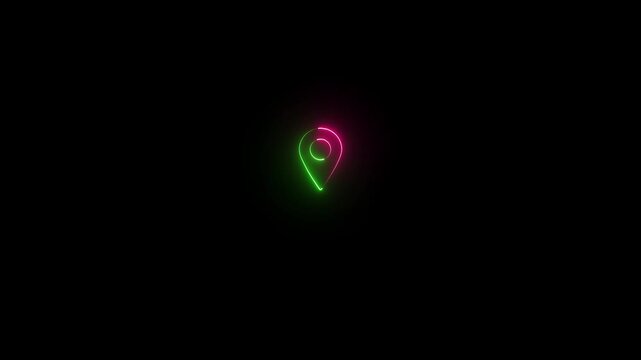 A vibrant neon location pin with one half glowing bright pink and the other half glowing bright green, set against a dark black background, suggesting dual-purpose or contrasting navigation options