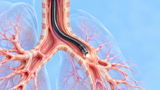 Bronchoscopy shown in premium clinical CGI with a flexible scope advancing through the trachea and bronchi on clean pulmonary intervention mechanics background.