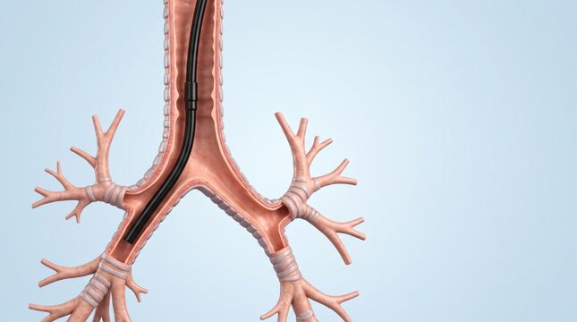 Bronchoscopy shown in premium clinical CGI with a flexible scope advancing through the trachea and bronchi on a clean pulmonary intervention mechanics background.