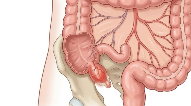 Medical illustration of an inflamed appendix showing appendicitis within the human abdomen