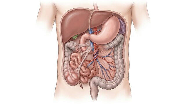 Medical illustration of human abdominal organs showing intestinal malrotation and vascular anatomy