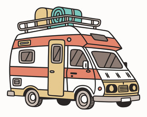 Fototapeta premium Camper van vector illustration, featuring a compact modern vehicle with sky-blue, mustard-yellow, coral-red and deep teal color sections, rounded windows, roof luggage, small camping access