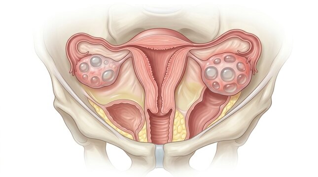 Medical illustration of polycystic ovary syndrome showing ovarian cysts in human anatomy