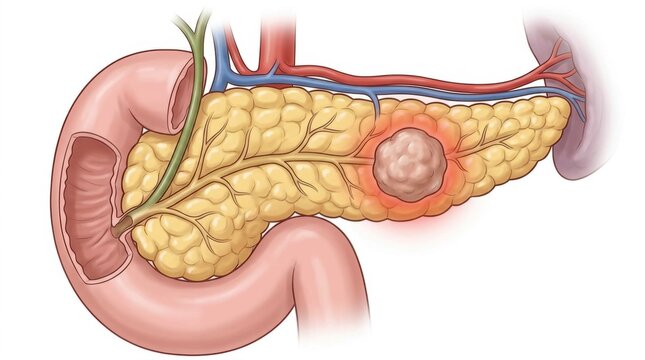 Medical illustration of a pancreatic tumor located within the human pancreas organ anatomy