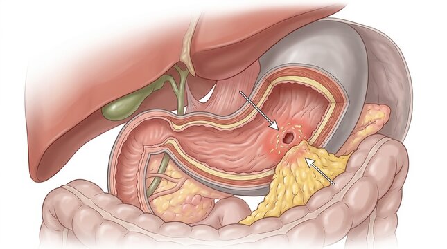 Medical illustration of a gastric ulcer showing inflammation and tissue damage in the stomach