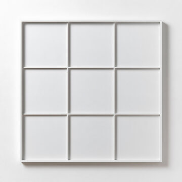 White grid display shelf mockup on a plain wall. Square wooden shadow box organizer with nine compartments. Minimalist frame template