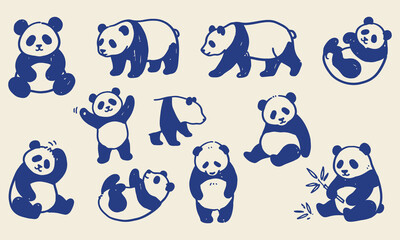 Hand drawn doddle Blue panda doodle bundle depicts various poses and expressions in a hand drawn style © Atik