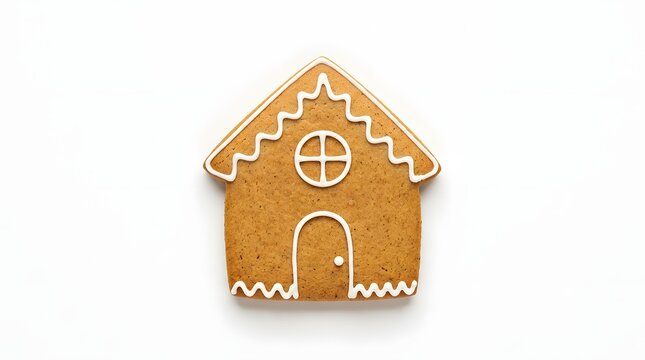 Simple gingerbread house cookie with white icing decoration isolated on white background