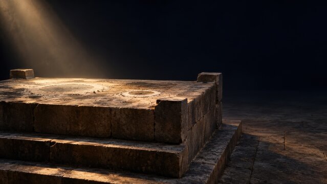 Stone platform with circular markings in a dark interior. Philippians 4:8 reflection on what is right and honorable. Biblical Christianity. Faith, righteousness and spiritual contemplation.