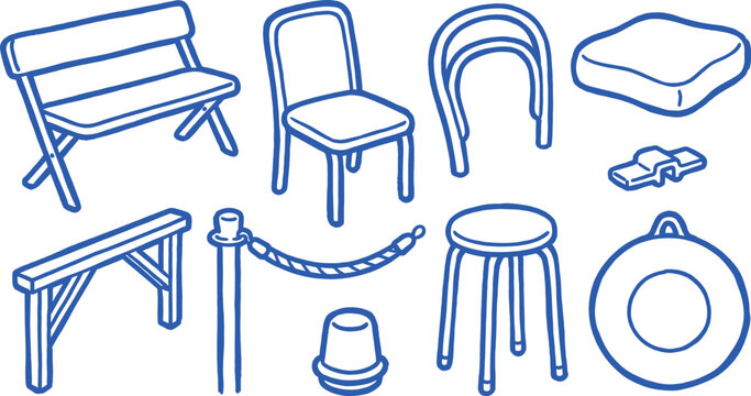 Hand drawn doddle Collection of wedding seating elements presented as a blue line drawing