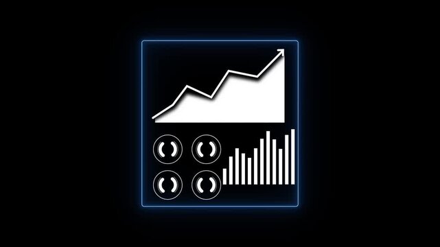 Digital financial growth chart with ascending line graph and circular data indicators within a glowing blue rectangular frame on a dark background representing business analytics and progress