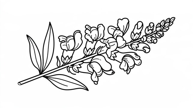 Hand drawn snapdragon flower branch line art illustration